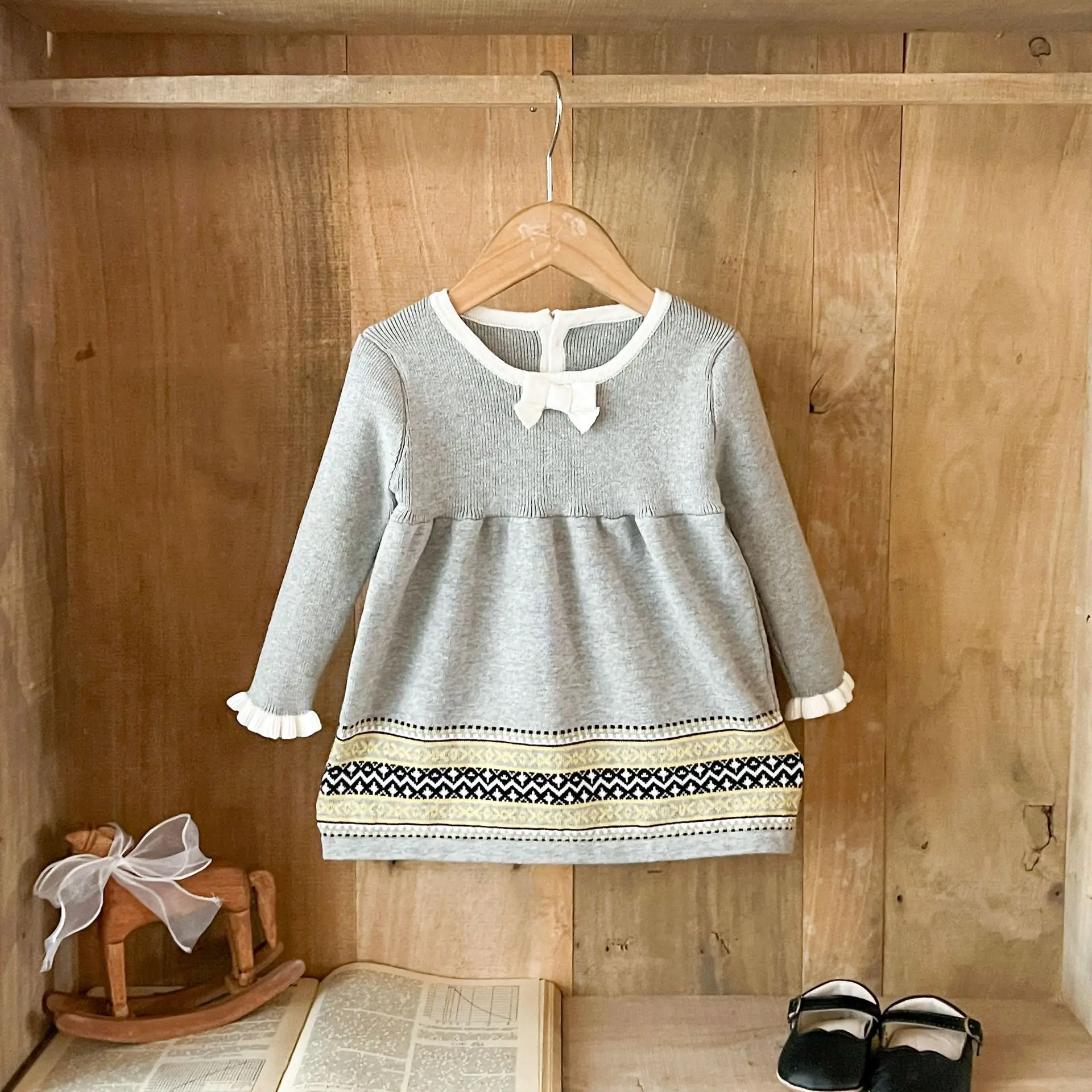 2026 New Autumn Baby Girls Knit Dress | Bow Jacquard Ruffled Sleeve Dress | Korean Princess Gown