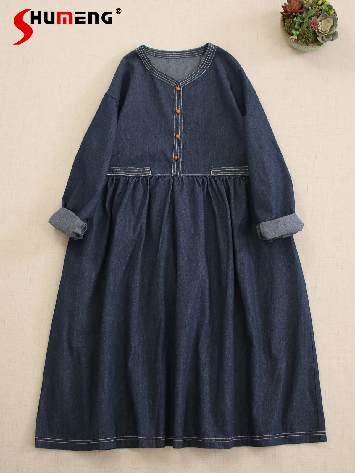 Japanese Mori Girl Literary Retro Dark Blue Round Collar Long Sleeve Single-breasted Loose Waist A-line Denim Dress Women Autumn