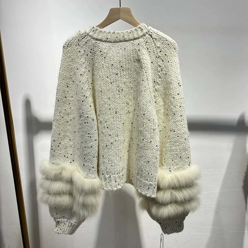 2025 herbst Frauen Glänzende Pailletten Echt Fox Pelz Pullover Spezielle Design Gestrickte Jacke Tragen