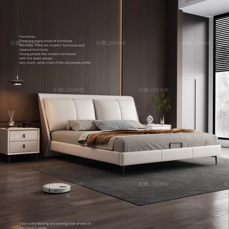 Italian Minimalist Bed Leather Modern Luxury Bed Solid Wood Headboard Double Cama De Lujo Para Dormitorio Bedroom Furniture