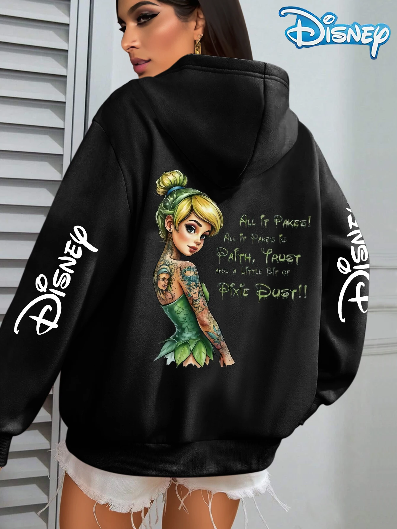 سويت شيرت نسائي بقلنسوة من Disney Tinker Bell - حفلة عيد ميلاد رسمية بنمط Tinker Bell ونمط غبار خرافي، زي خرافي سحري