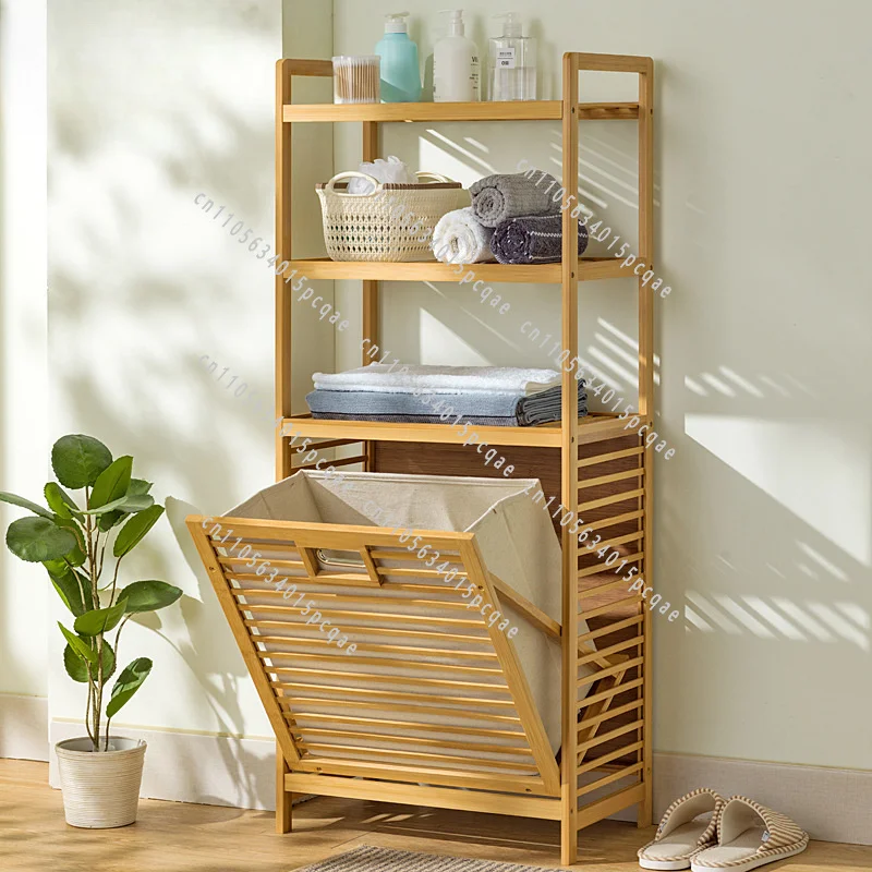 Multi-function 3/4 Tier Bathroom Racks Laundry Hamper Dirty Clothes Storage Basket Side Rack with Shelf Bamboo Storage Hamper