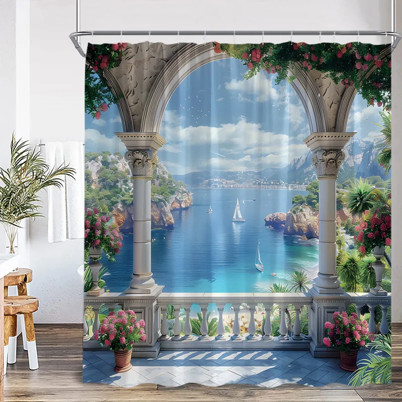 Seaside Town Shower Curtain Blue Ocean Floral Mountain Italian Architectural Scenery Bath Curtains Polyester Home Bathroom Decor