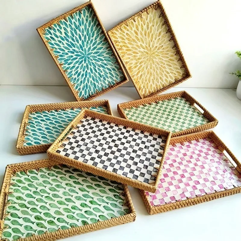 Rattan Shell Storage Tray Vietnamese Handicraft Weave Trays Rectangular Fruit Snack Storage Plates Living Room Decorative Tray