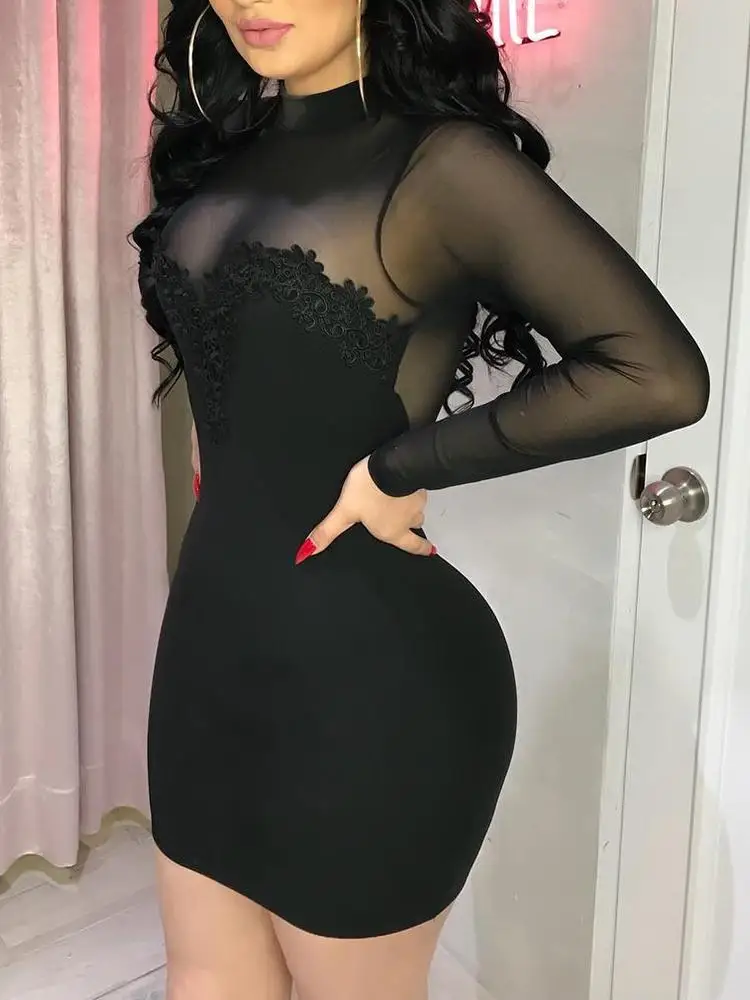 Women s Sexy Long Sleeve Mesh See Through Bodycon Party Club Mini Dress Clubwear Elegant Dresses Evening Night Dress