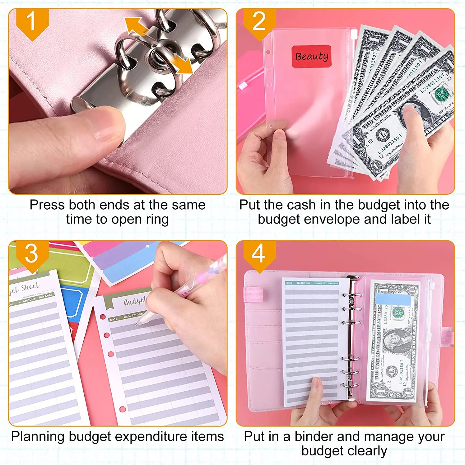 A6 Binder Budget Cash Envelopes Wallet, 8 Pcs Binder Pockets Money Envelopes,12 Pcs Expense Budget Sheets ,Stickers and Ruler