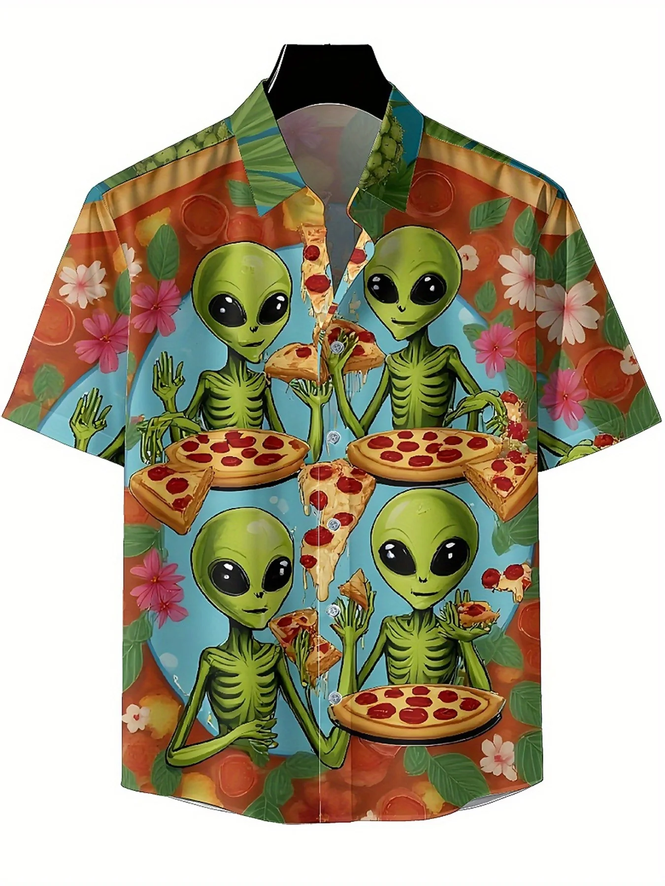 Men's Plus Size Hawaiian Shirts Alien Pizza Party Pattern,Premium Comfort Youth Clothes,Y2K Tops