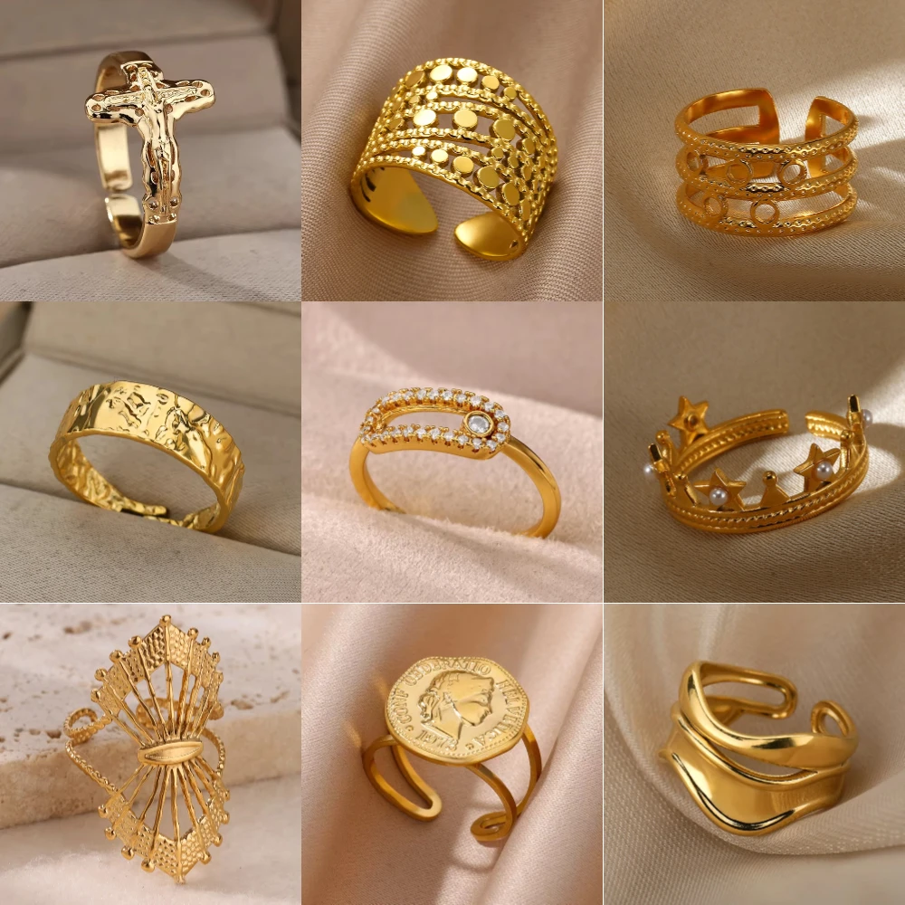 2025, elegante offene Ringe aus Edelstahl für Frauen, Hochzeit, kreative breite Oberfläche, Anillos, Zirkonia, Schmuck, feminines Geschenk