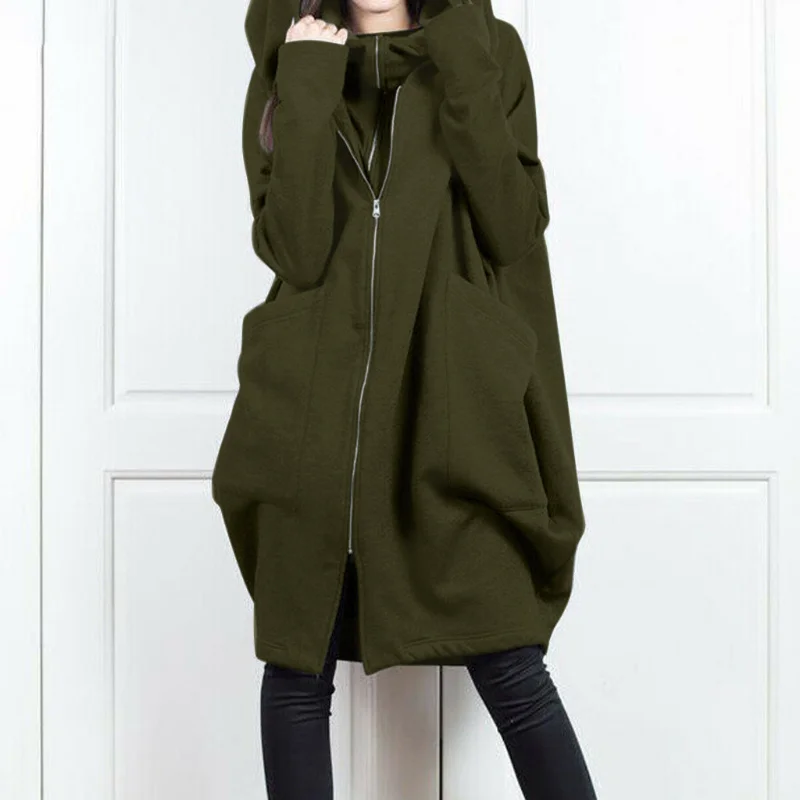 2024 Hooded Pocket Sweater Zipper Mid Length Fake Two Piece Loose Coat for Women