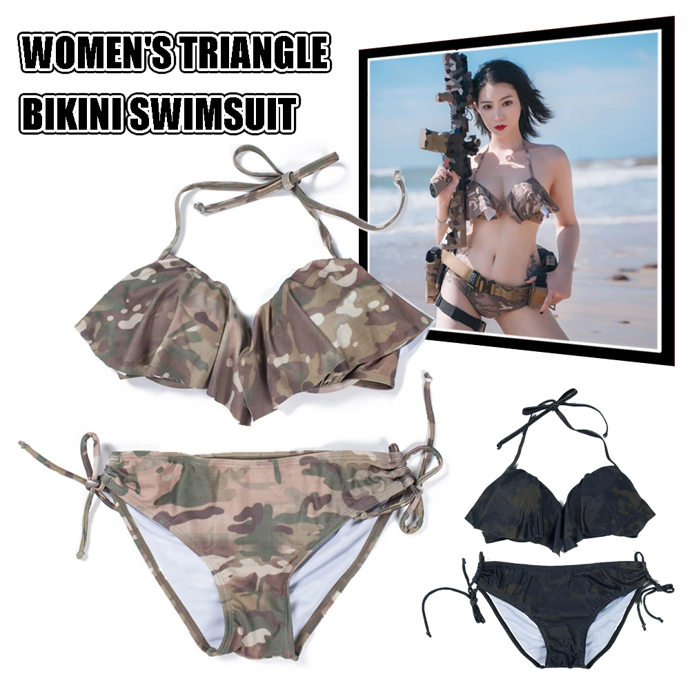 

Women's Triangle Bikini Swimsuit Women's Halter Two Piece Bathing Suit Back Camouflage Background String Tie Side Bathing Suit
