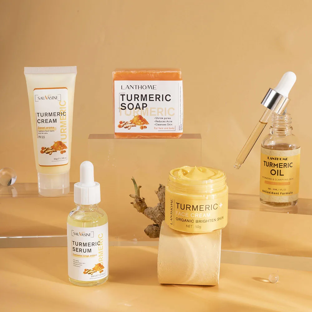 Kit de soins pour le visage, Turmeric, crème nettoyante contre l\'acné, estompe les taches foncées, sérum Anti-âge, hydratant pour la peau, 5 pièces