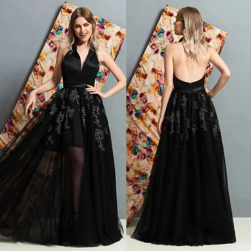 Fashion Sexy Black V-neck backless Evening Dresses Prom Gown  A Line Floor Length Appliqued Tulle Formal occasion party Dress