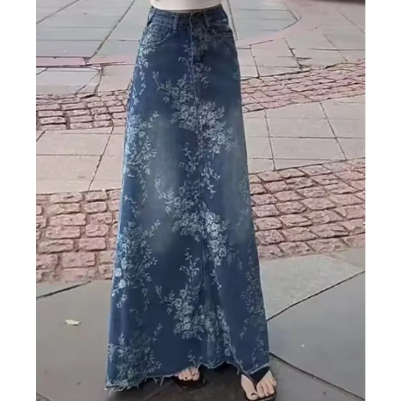 

Модная джинсовая юбка с цветочным принтом, элегантная женская юбка на весну-лето, тонкая, с высокой талией, А-силуэт, длинная, свободная, стройнящая, с широким подолом