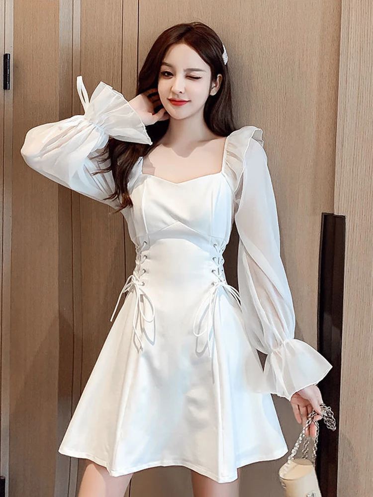 Feminino elegante vestido de festa preto coreano estilo coquette cetim chiffon vestido sexy roupa de férias para namoro eventos noturnos