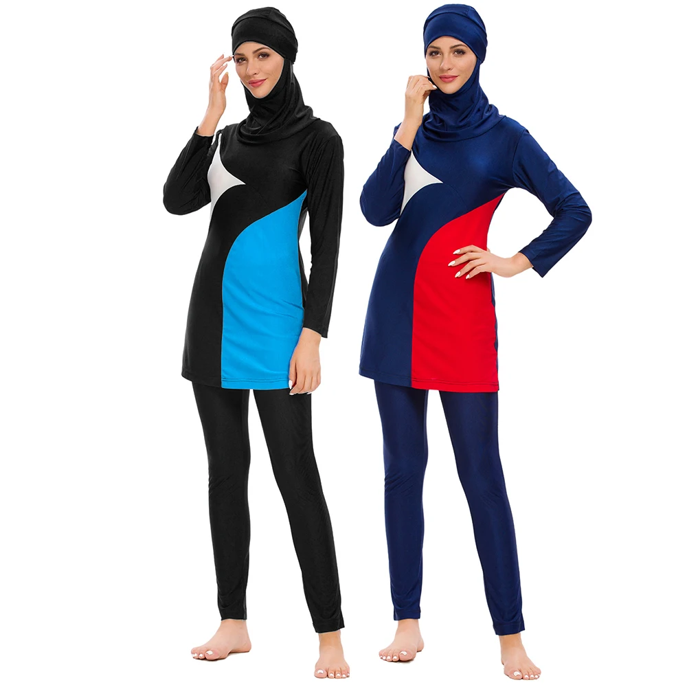 

Burkini Muslim Women's Swimsuit, Long Sleeve Beach Wear, Blue and White Patchwork, Vacation Wear, Diving Suit, Summer, New