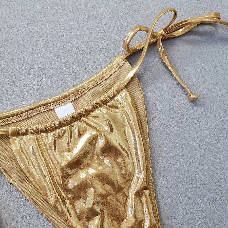 Gold Shiny Halter String Thong Micro Bikinis Sets Sexy Swimsuits Cover Ups Women Holiday Swimwear Bather Beach Wear Bikini 2025