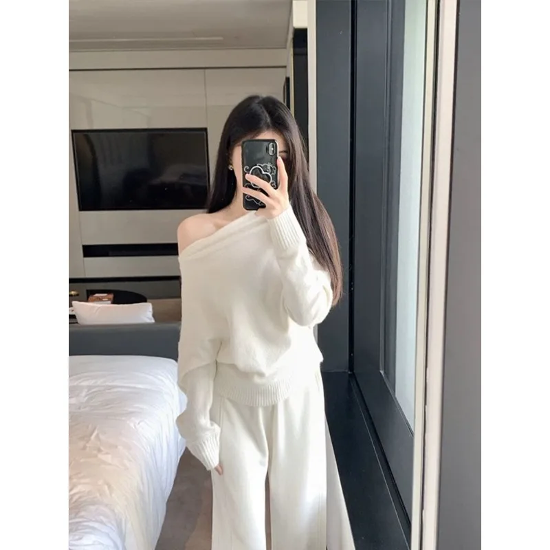 Elegant Minimalist Women Off Shoulder Knit Sweater Sexy Solid Color Loose Casual Chic Top
