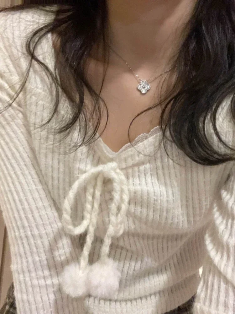 T-shirt à manches longues à lacets pour femmes, t-shirts mignons pour adolescents, haut élégant, mince, dentelle, coréen, doux, preppy, Kawaii