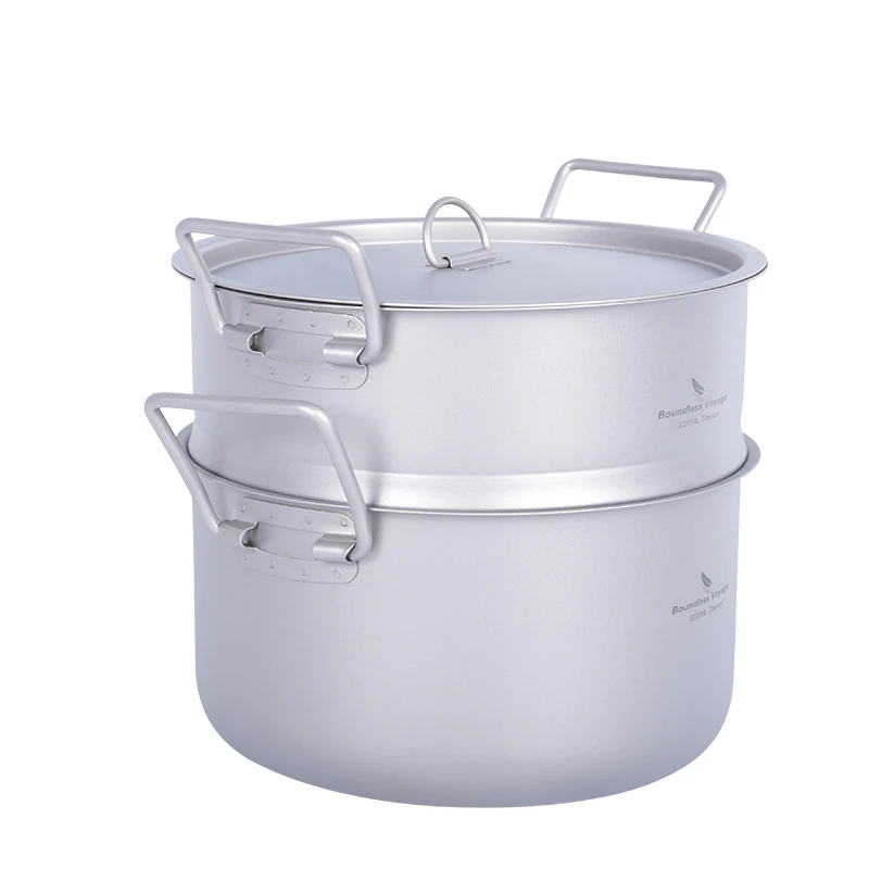 Boundless Voyage Titanium Pot Steamer Lightweight Cooking Set for Camping Hiking Picnic Kitchen Big Capacity 2.2L+2L