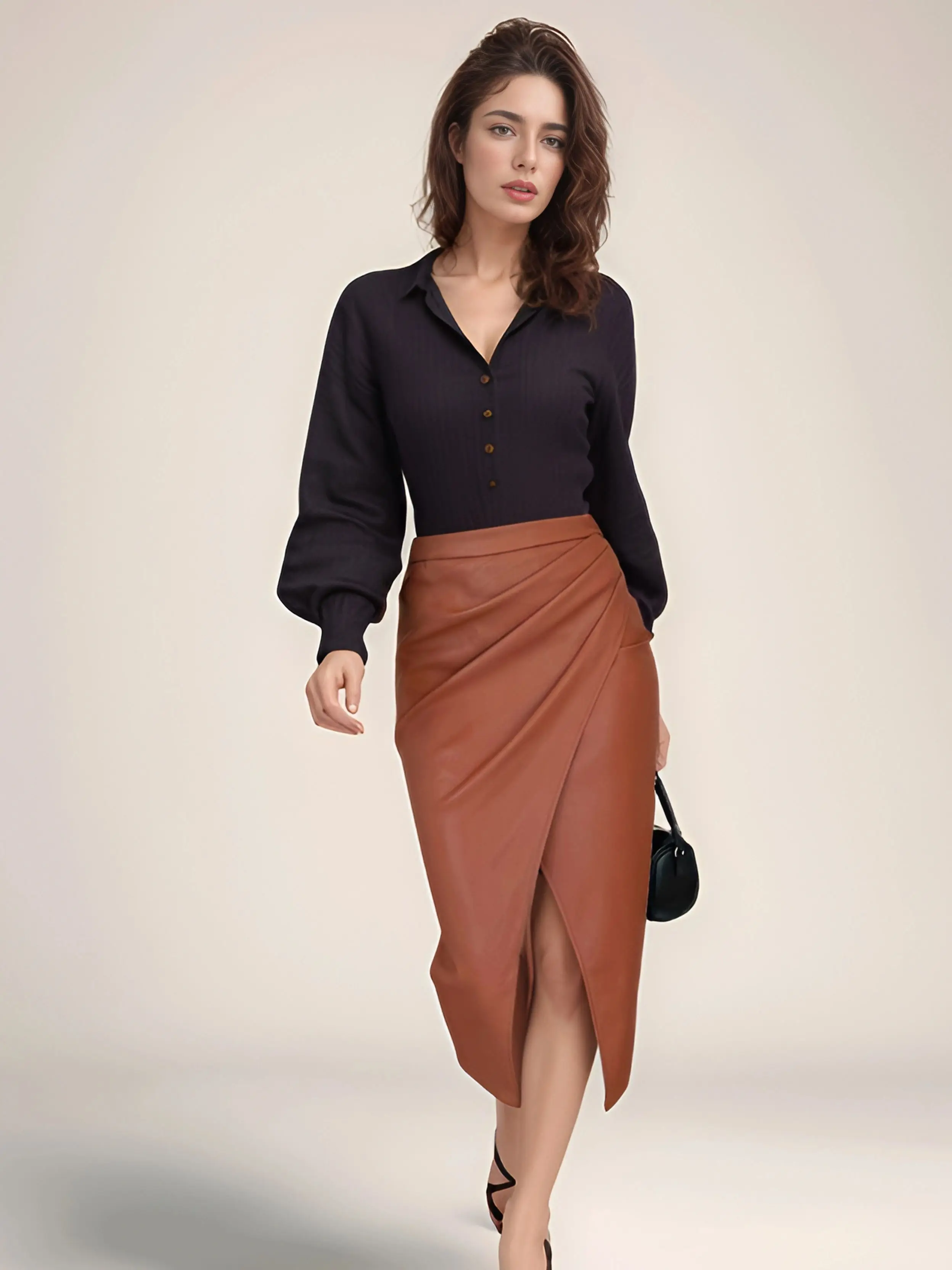 Spring/Summer High Waist PU Leather Split Skirt with Zipper Fold Detail European And American Style Sexy Hip Bag Skirt for Women