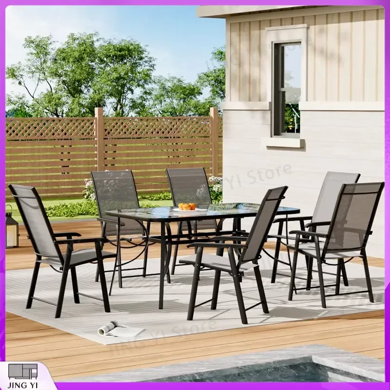 

Outdoor Folding Garden Table and Chair Set Rectangular Tempered Glass Coffee Table Metal Frame Casual Dining Table for Patio
