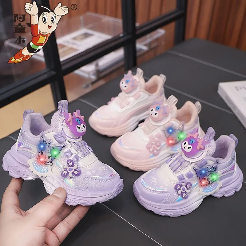 Children's sports cotton shoes light up cartoon Kuromi winter casual shoes button rotation new style plush girls' sports shoes