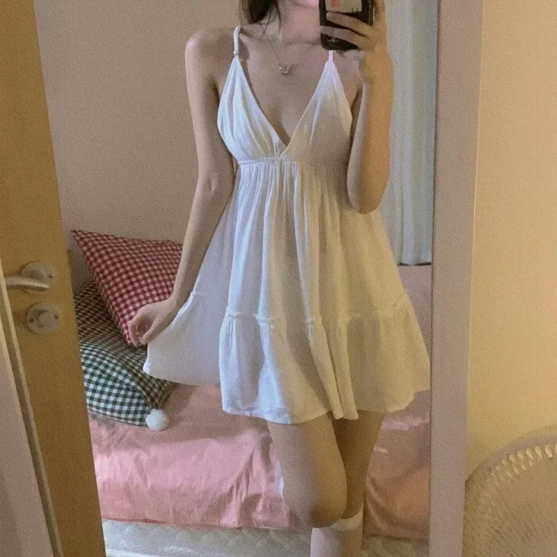 

Sleeveless Pajamas Sweet Solid Colours Desirewomen Nightgowns Dresses Strapless Halter Solid Colours Sleeveless Dresses College