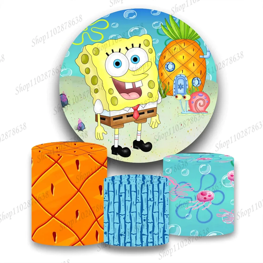 

Party Round Backdrop SpongeBob Boy Girl Birthday Background Pineapple House Photo Elastic Cylinder Cover Banner Decor Props