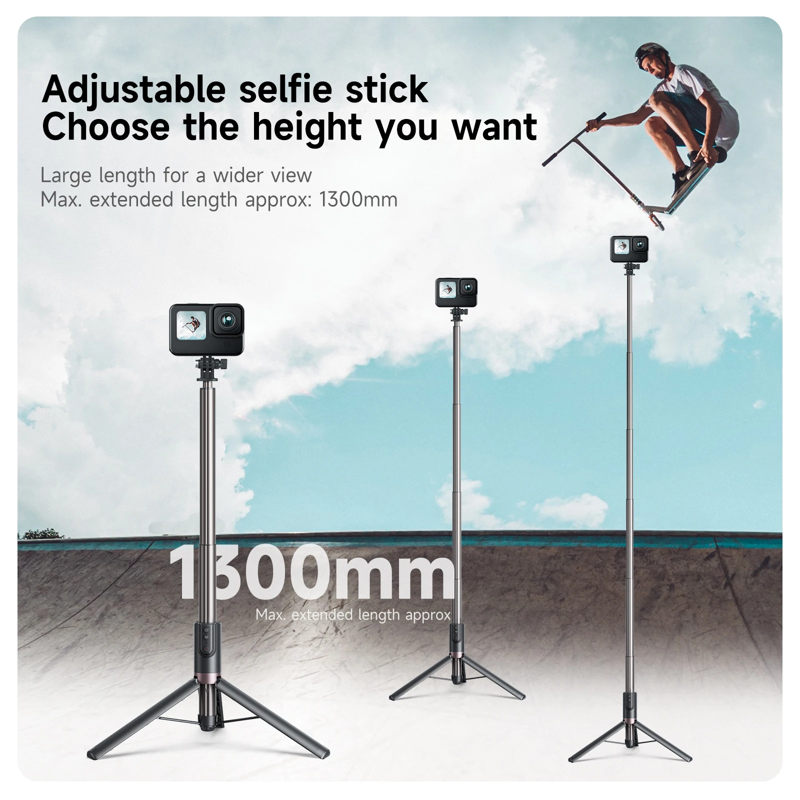 TELESIN-Tripé Selfie Stick com Bluetooth Sem Fio, Controle Remoto para Go Pro Insta 360 DJI, Câmera de Ação, Telefone Inteligente, 1.3m