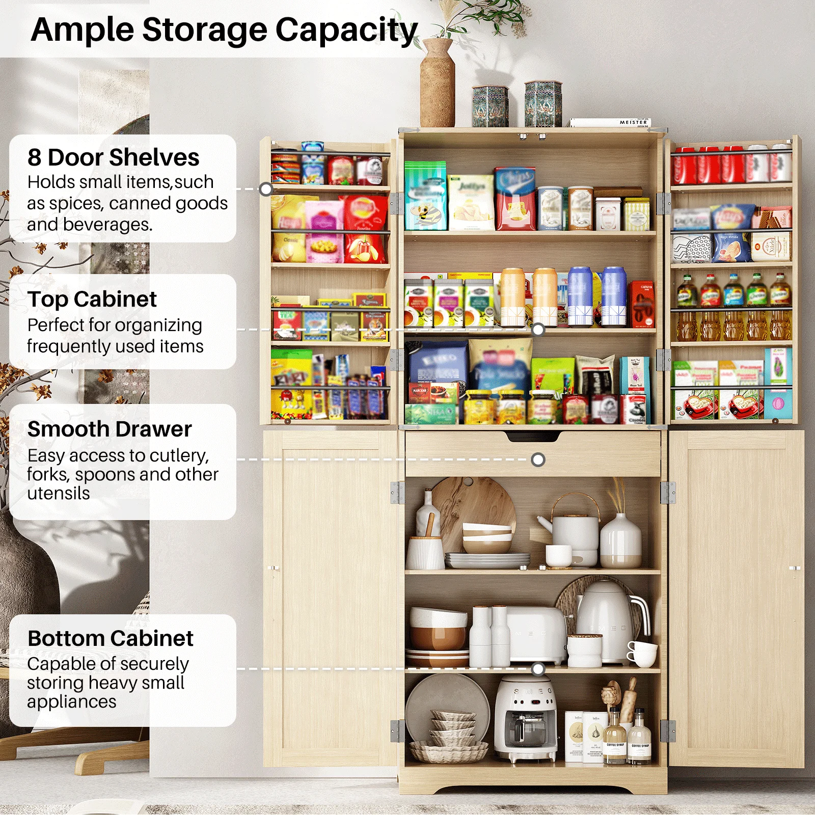 خزانة تخزين بمخزن المطبخ Redlife ، خزانة مزرعة مع 8 أرفف ، تخزين كبير لغرفة الطعام ، 4 أبواب من الروطان ، 72 في #3