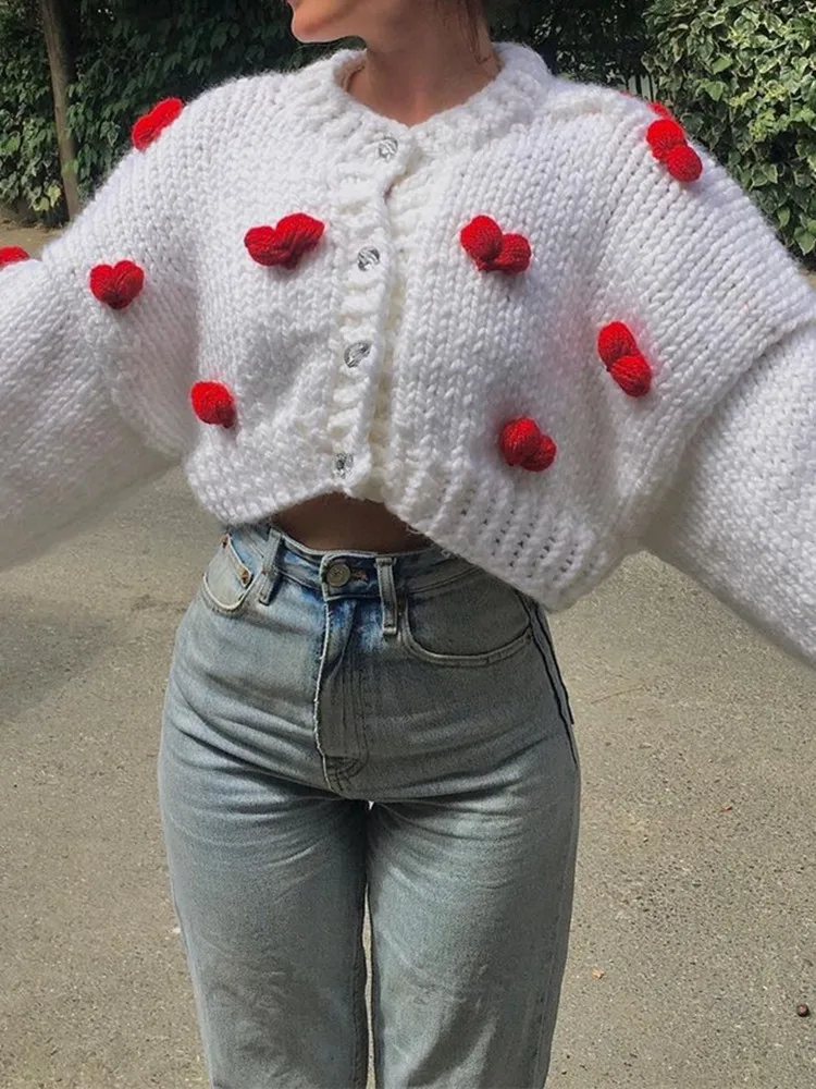 2022 Sweet Hand Made Crochet 3D Heart Ball Cropped Cardigan Woman O neck Long sleeve Knitting Coarse Sweater Knitwear Jumper