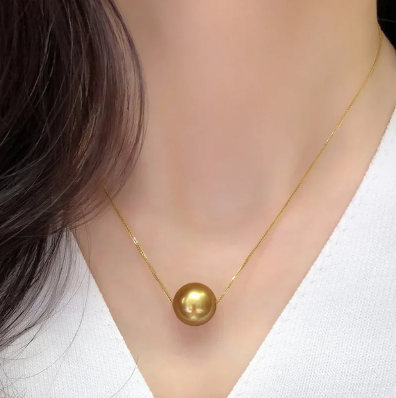 Luxury Huge 13-14mm Genuine Gold Perfect Round Pearl Pendant Necklace Women Jewelry Wedding Party Gift 925 Sterling Silver 36AAA