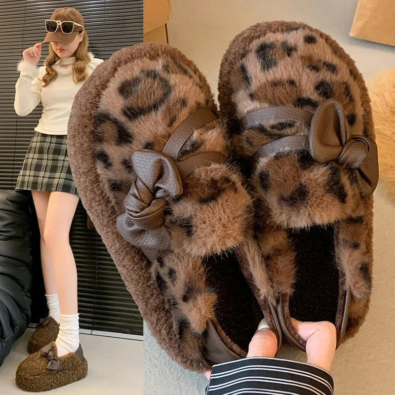 

Winter Women House Slippers Faux Fur Fashion Warm Shoes Slip On Flats Female Slides Leopard print Home Furry Slippers