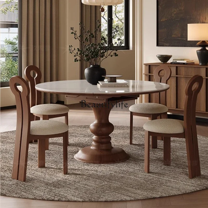 

yj15 Rock Slab Extendable Dining Table Round Vintage Home Small Apartment Convertible Round Table Solid Wood Folding