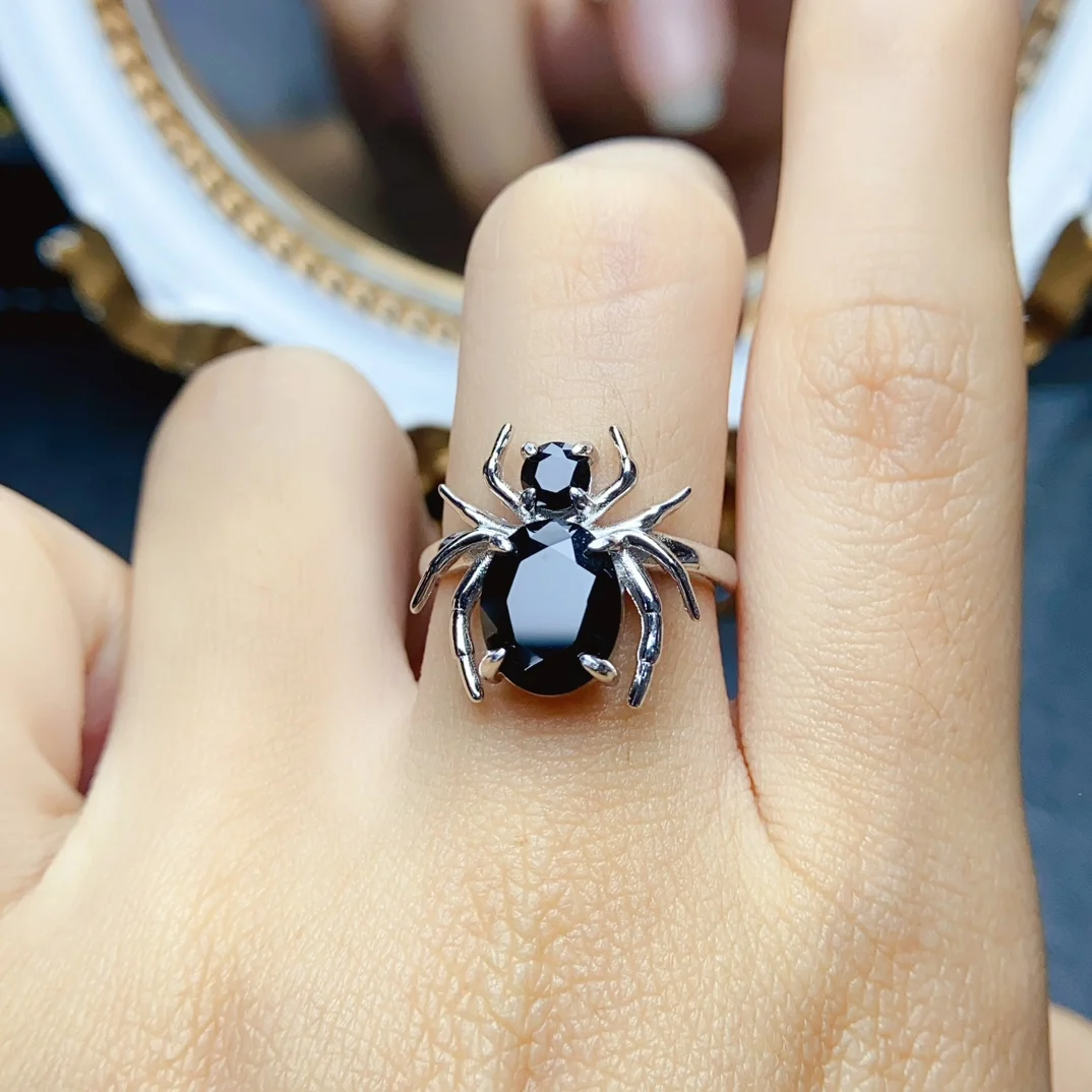 FS Fashion Real S925 Sterling Silver 8*10 Natural Black Spinel Spider Ring With Certificate Fine Charm Jewelry for Women MeiBaPJ