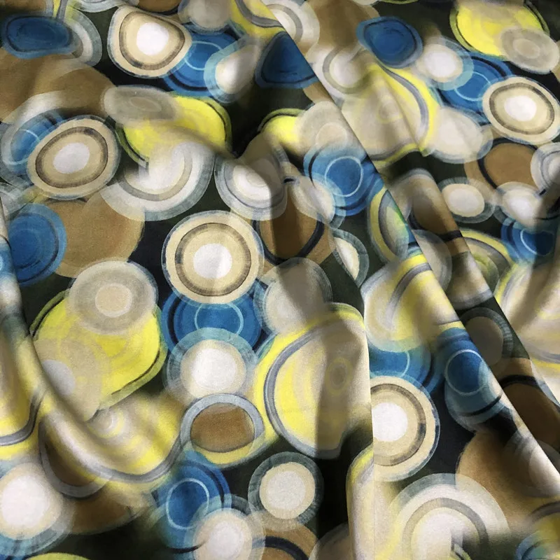 19 Momme Stretch Silk Satin Designer Fabric Geometric Circle Print for Shirts and Dresses, Custom Dressmaking Cloth