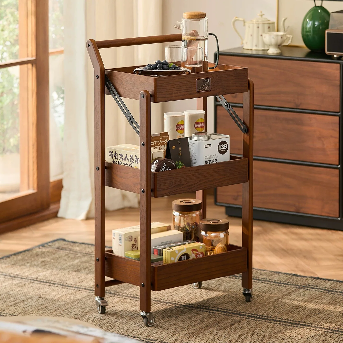 Living room movable folding floor rack trolley snack toy solid wood storage rack high value storage rack