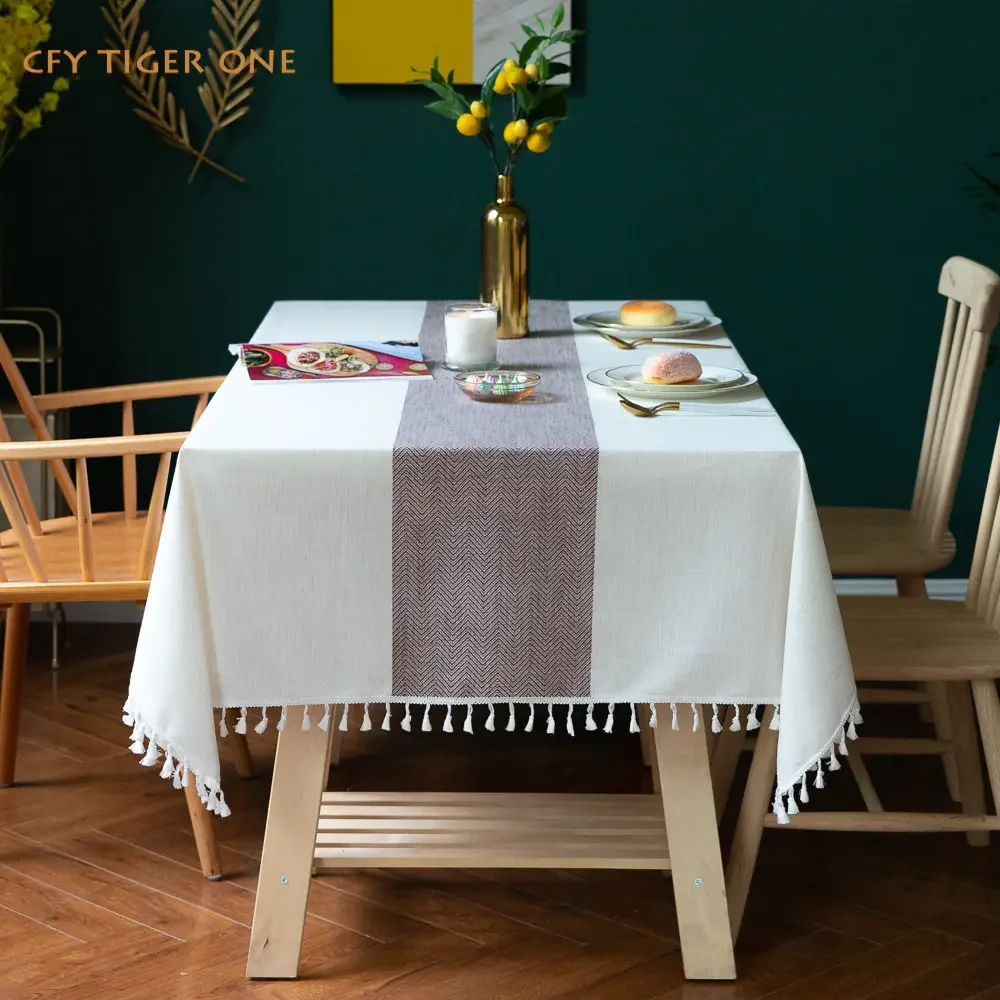

American Cotton Linen Striped Jacquard Tablecloth for Table Decorate Antifouling Rectangular Tablecloth with Tassel Table Cover