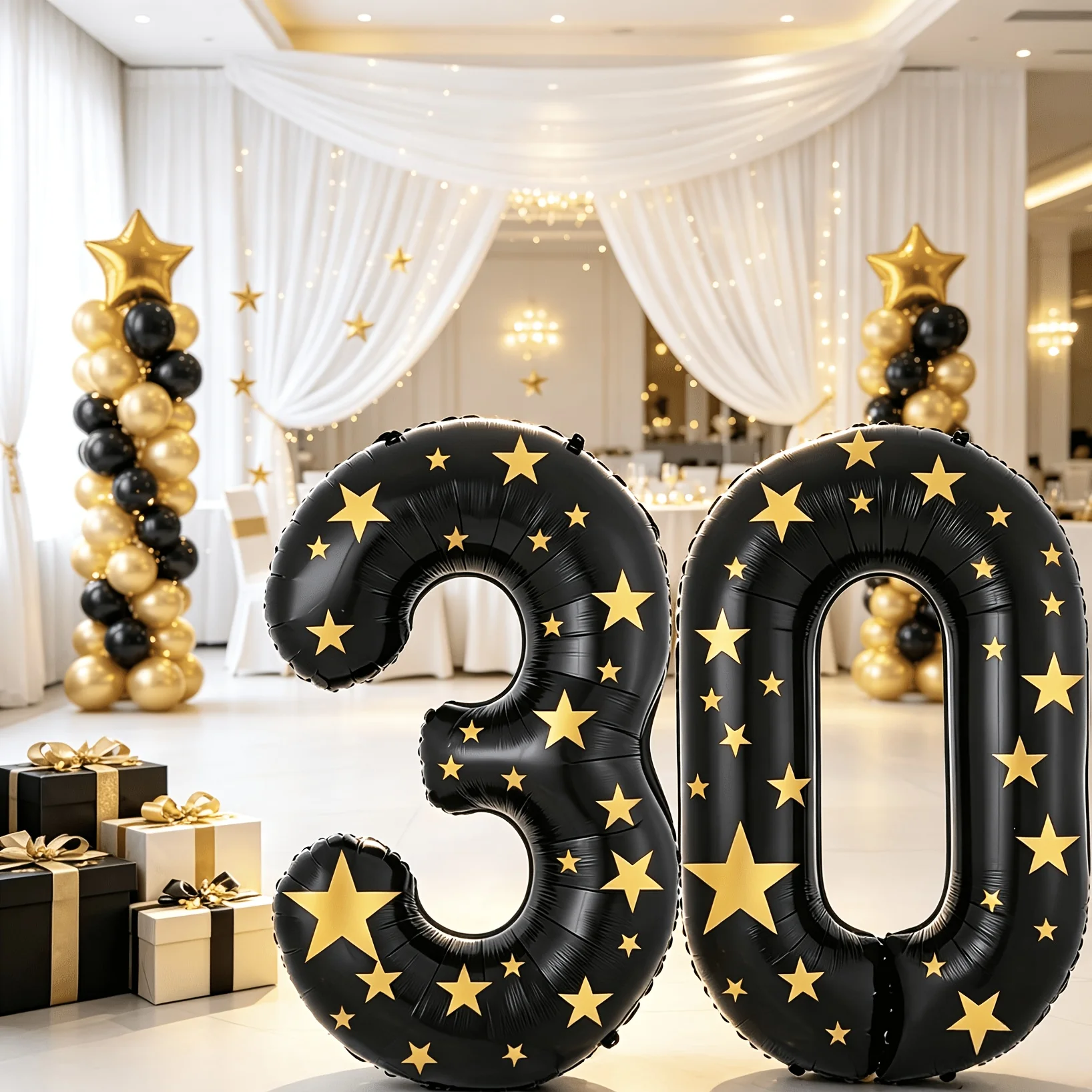 4pcs Large-Sized Black 30 Number Gold-Stamped Star Sticker Balloon Set for Birthday Anniversary Party Decorations Sing