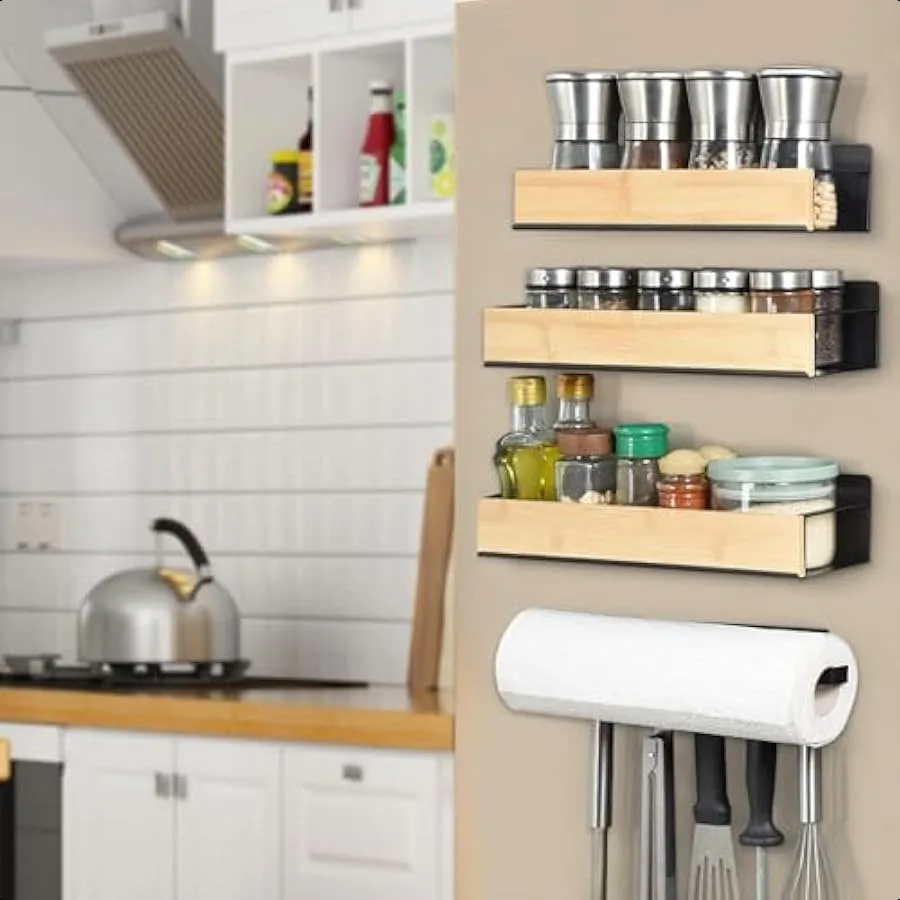 

4 Pack Strong Magnetic Spice Rack for Refrigerator Wood and Metal Magnetic Shelf for Fridge Spice Storage Rack Kitchen Cabinet