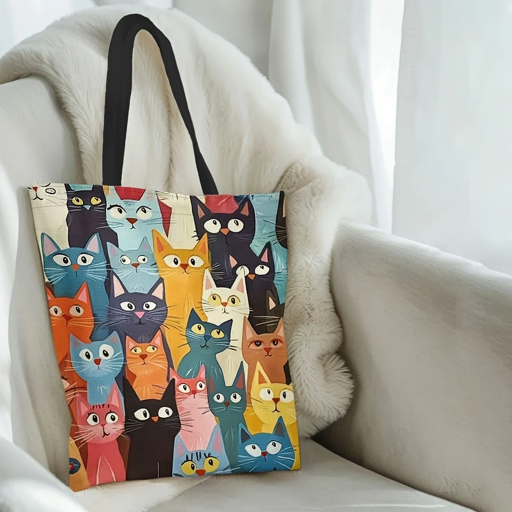 1 Stück bunte Einkaufstasche mit Katzenmuster – wiederverwendbare, stilvolle Schulterhandtasche für Männer und Frauen, lustiger Shopper mit Cartoon-Katzengesichtern – Detail 6