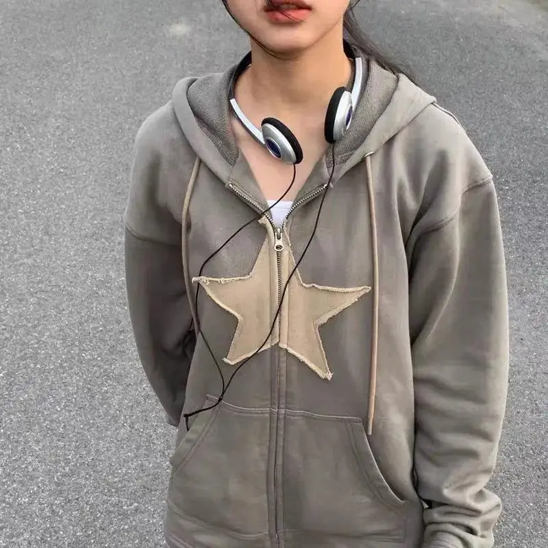 Vintage Star Patch Hoodies Women Harajuku Punk Gothic Loose Hooded Sweatshirt Male Hip Hop Long Sleeve Zipper Jacket Y2K Clothes