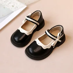 Autumn New Girl Leather Shoes Bowtie Black Beige School Causal Children Flat Elegant Round Toe Fashion Patchwork Kids Mary Janes