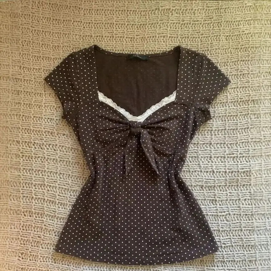 Retro polka dot lace bow tie short-sleeved T-shirtwomen summer sweet spicy girl design form-fitting slimming, waist-cinching top