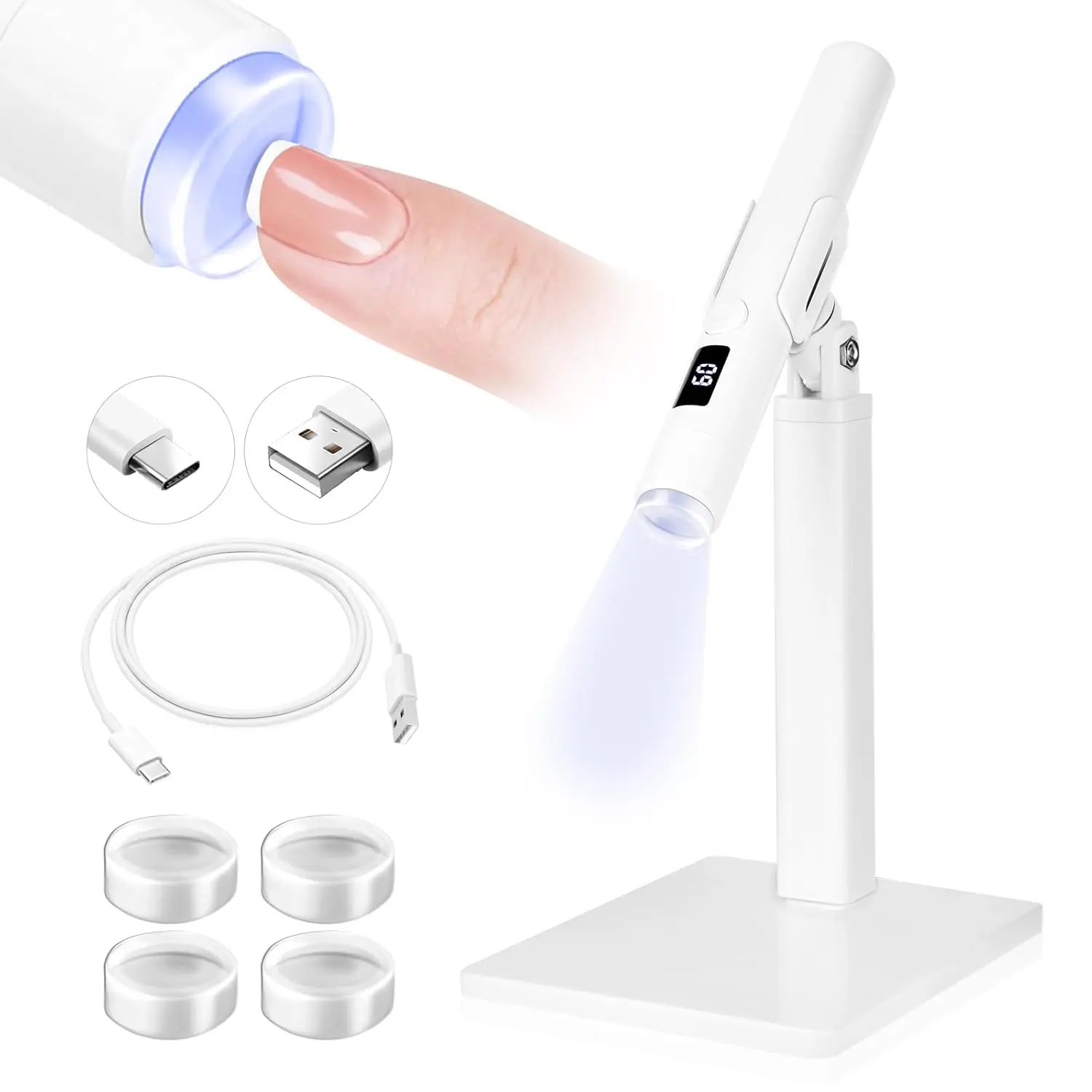 

White 9W LED Nail Light: Handheld LCD Flash Cure Lamp with Stand, 8s Quick Drying Cordless UV Light for Gel Nails Home Manicure