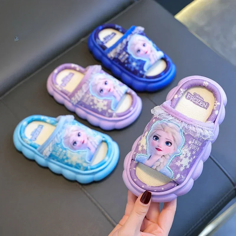 Disney Frozen Princess Elsa Cartoon Cotton Slippers for Girls Summer Indoor Casual Preservation Non slip Children\'s Plush Shoes