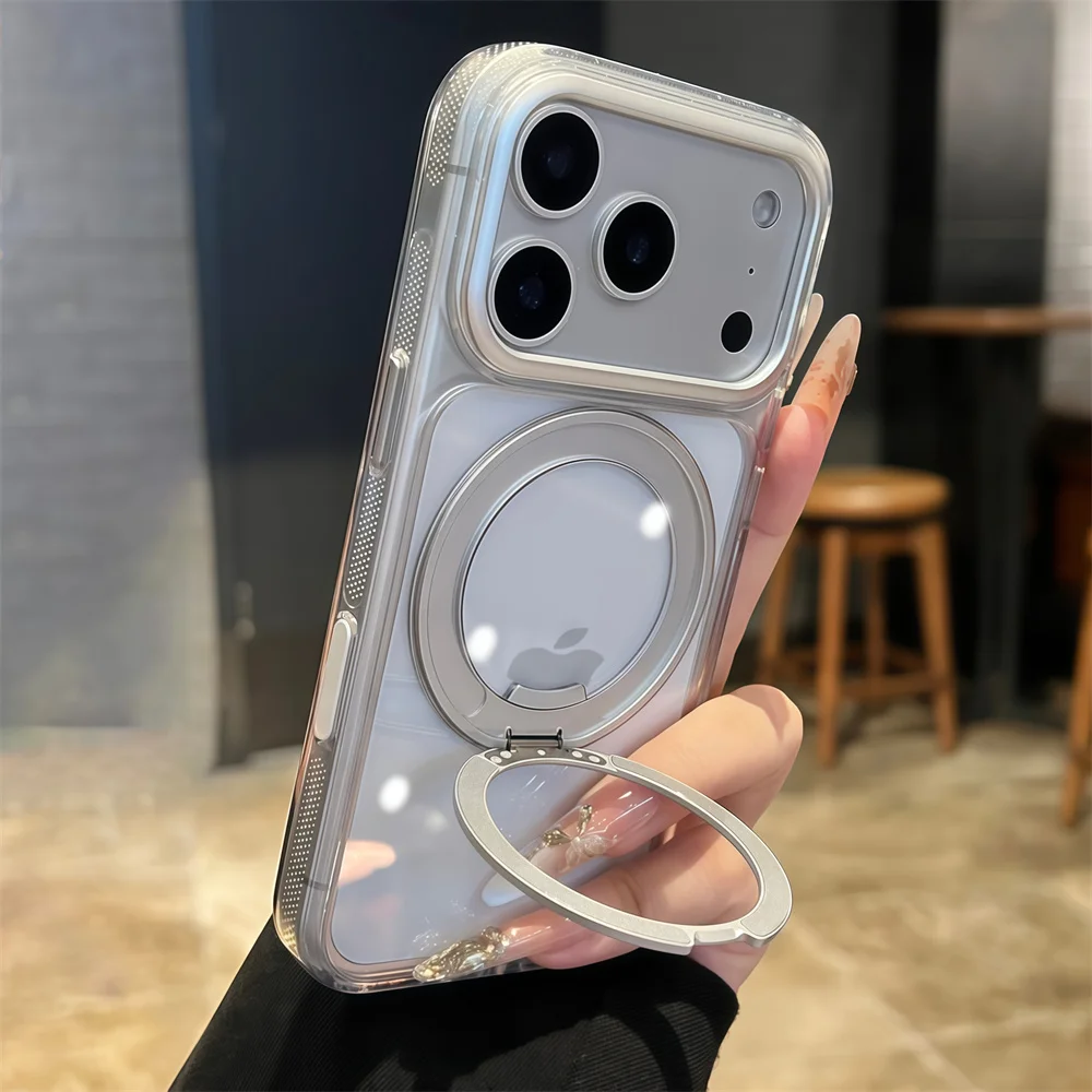 Luxus Magnet Ring Rotierenden Falten Magnetische Ständer Telefon Fall Für iPhone 17 16 15 14 13 Pro Max Air Anti-slip Rahmen Rüstung Abdeckung