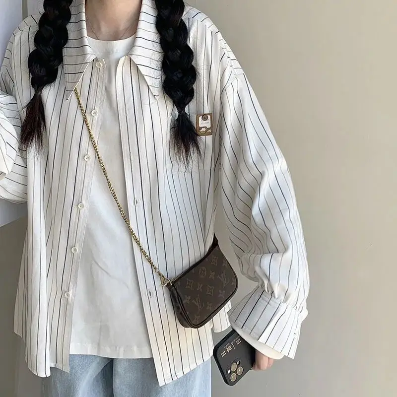 QWEEK Striped Preppy Japanese Kawaii Woman Shirt Casual Youthful Oversized Cute Blouses Korean Style Vintage Long Sleeve Autumn