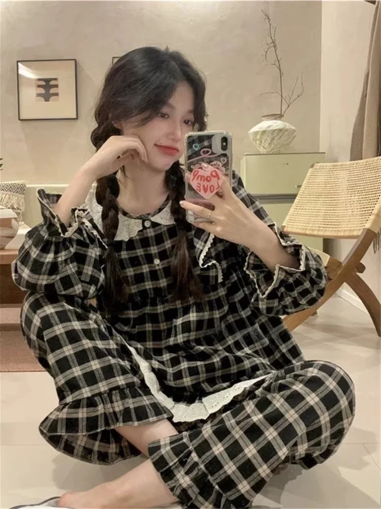 Korean Sle Lace Pajamas Women Cute Spring and Autumn Sweet Student Casual Plaid Loose Long sleeve Trousers Home Wear Set