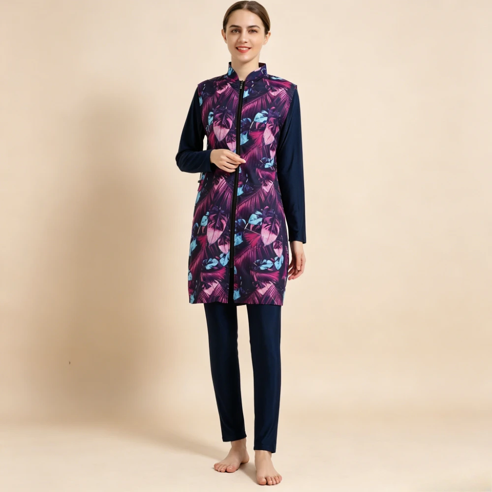 3 Piece Modest Swim Cover Up Set Printed Zip Vest + Long Sleeve Sun Protection Top, Islamic Conservative Beach Tunic Swimwear